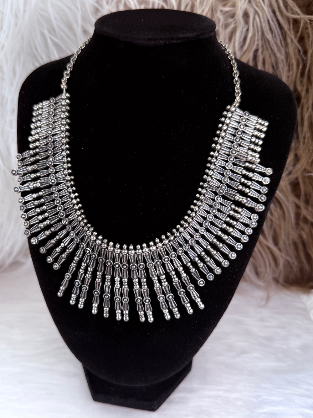 Silver Tone Fringe Bib Statement Necklace Boho Tribal Adjustable